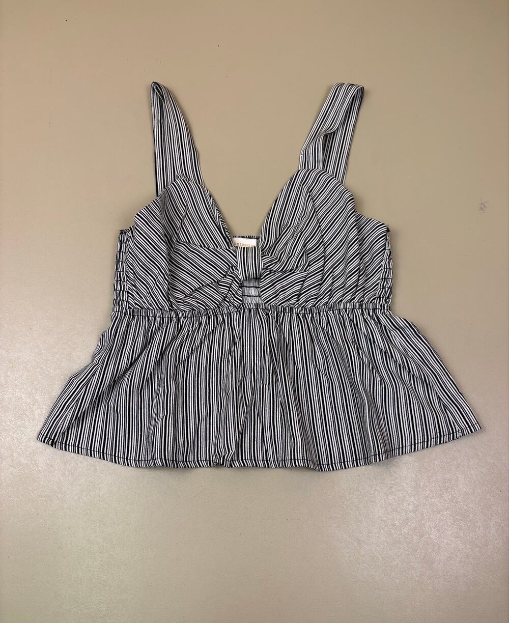 Monteau Los Angeles Women M Black White Striped Bow Peplum Tank Top NWT